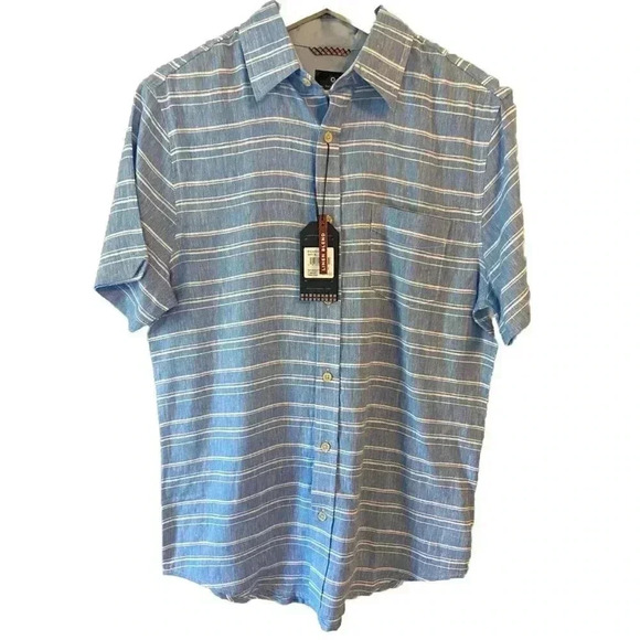 Ben Sherman Mens Sky Blue Striped Linen Rayon Blend S Button Shirt NWT S $89 - Picture 1 of 7